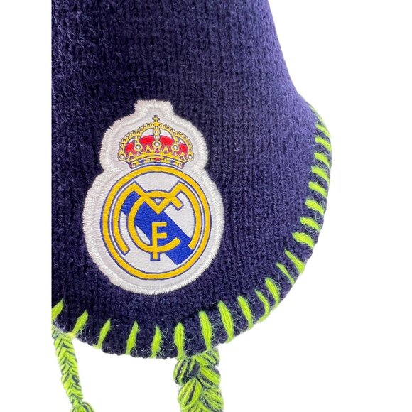 Real Madrid Knitted Winter Hat Pom Pom & Tassels Acrylic Blue Green Beanie Cozy - Picture 7 of 9